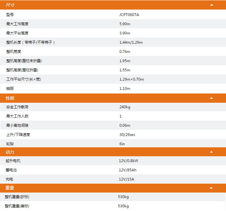 移動剪叉式高空作業(yè)平臺JCPT0607A技術(shù)參數(shù)